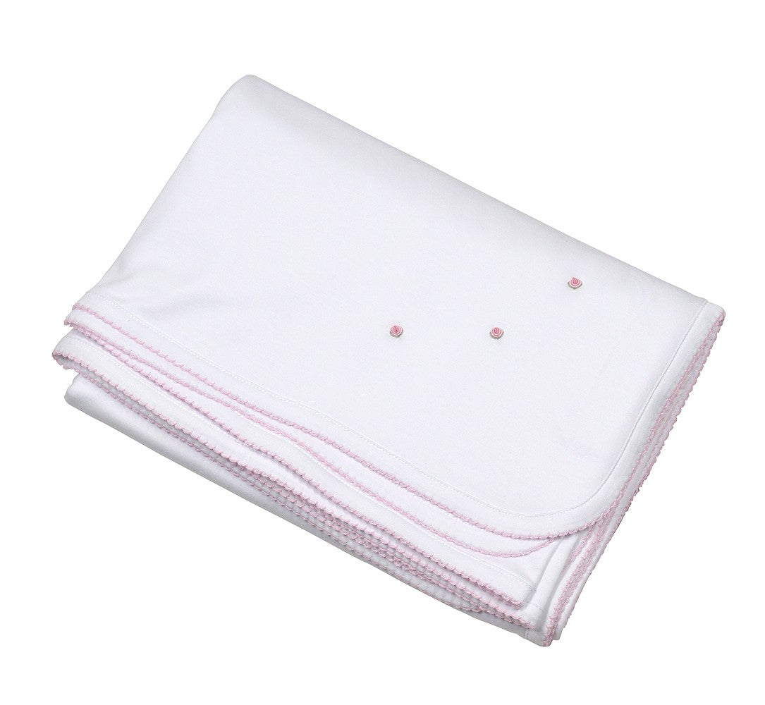 The Proper Peony Layette Pima Cotton Receiving Blanket - White with Pink Embroidery
