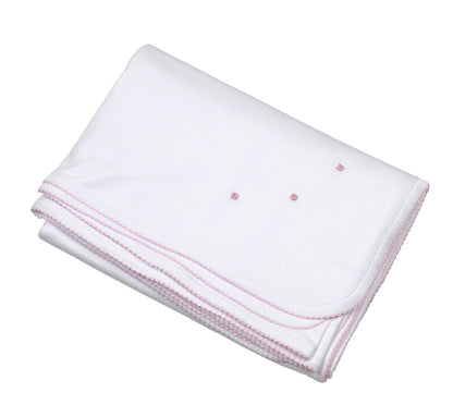 The Proper Peony Layette Pima Cotton Receiving Blanket - White with Pink Embroidery