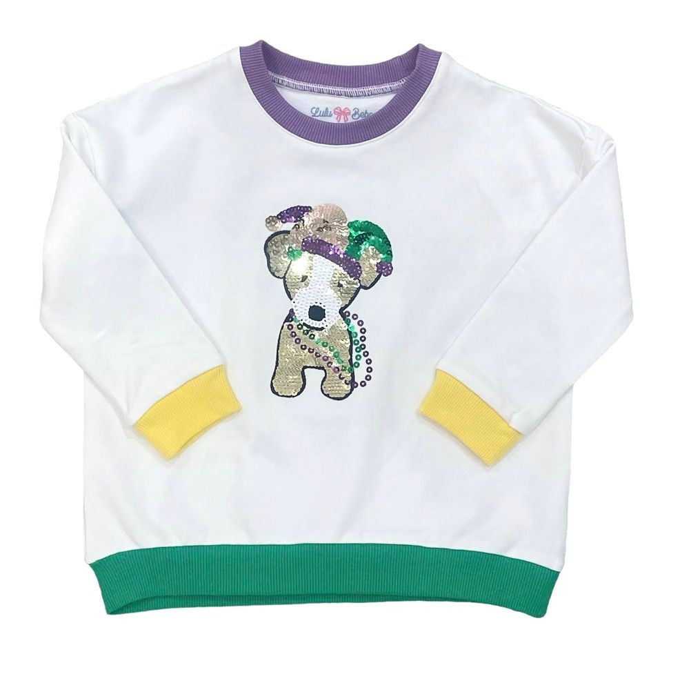 LuLu BeBe Girls Sequin Mardi Gras Pup Sweatshirt
