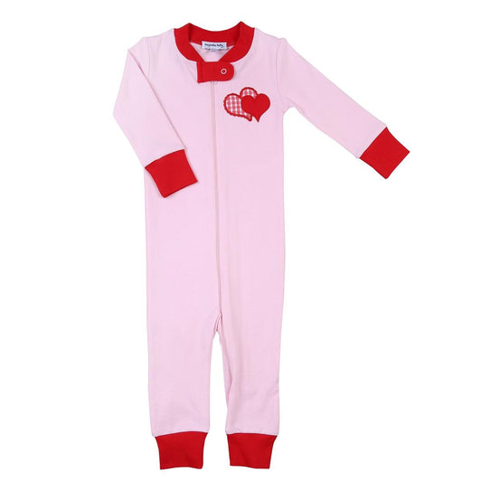 Magnolia Baby Girls Pink Love Applique Red Valentine Heart Zipped Pajamas