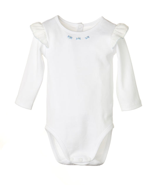 Luli & Me Baby Girls White Flutter Sleeve Onesie - Blue Embroidery
