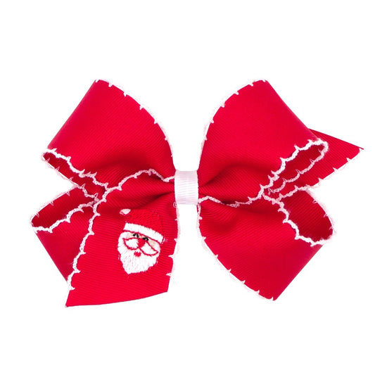 Wee Ones Girls Hair Bow - Embroidered Santa Face on Red Bow