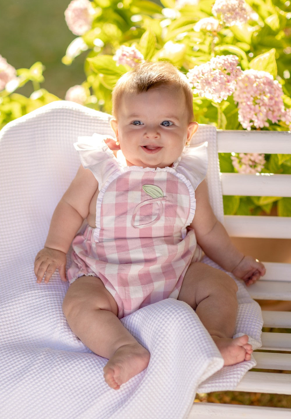 Sophie & Lucas Girls Pink Lemonade Buffalo Check Bubble - White Ruffle Straps