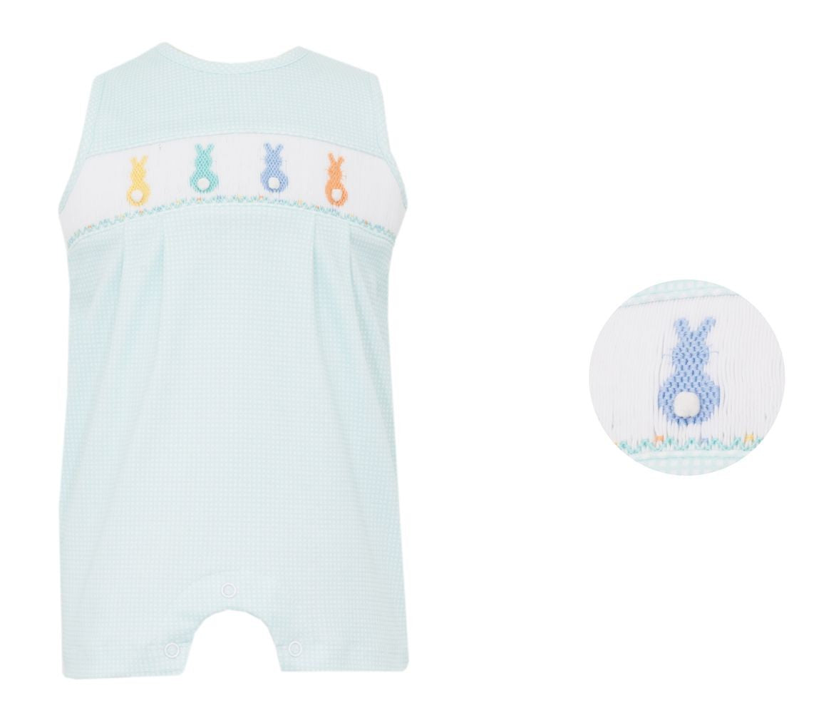 Petit Bebe Knits Baby Boys Aqua Check Smocked Cottontail Bunny Jon Jon