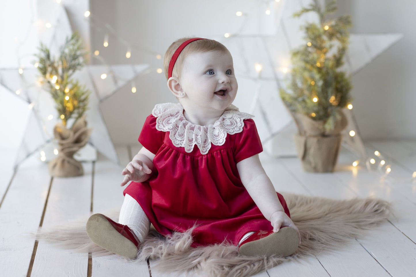 Luli & Me Girls Deluxe Velvet Float Dress - Lace Collar - Red