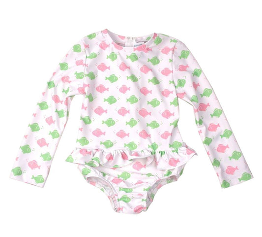 Funtasia Too Girls Rash Guard Swimsuit - Pink & Green Fish Print