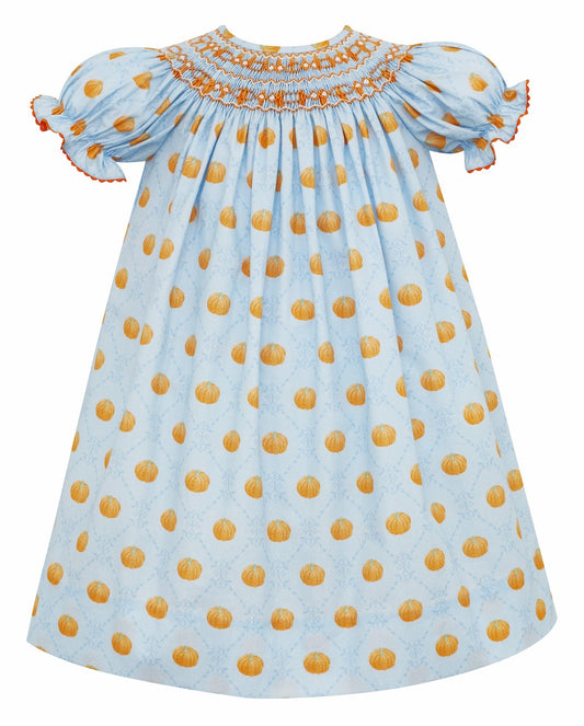 Anavini Couture Girls Blue / Orange Pumpkin Print Smocked Dress - Short Sleeves