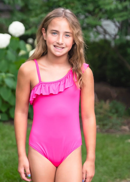James & Lottie Be Elizabeth Girls One Shoulder Swimsuit - Hot Pink