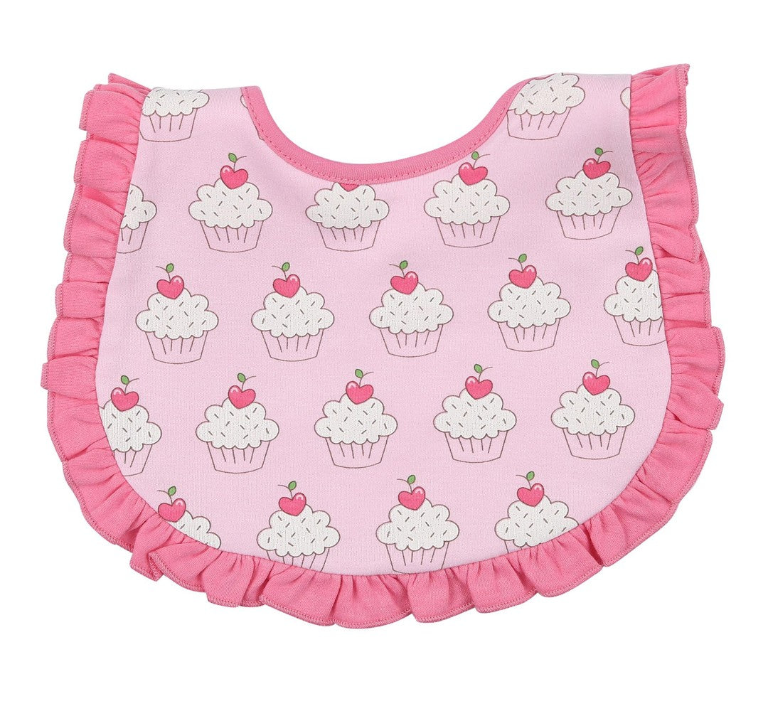 Magnolia Baby Girls Pink Baby Cakes Printed Ruffle Birthday Bib