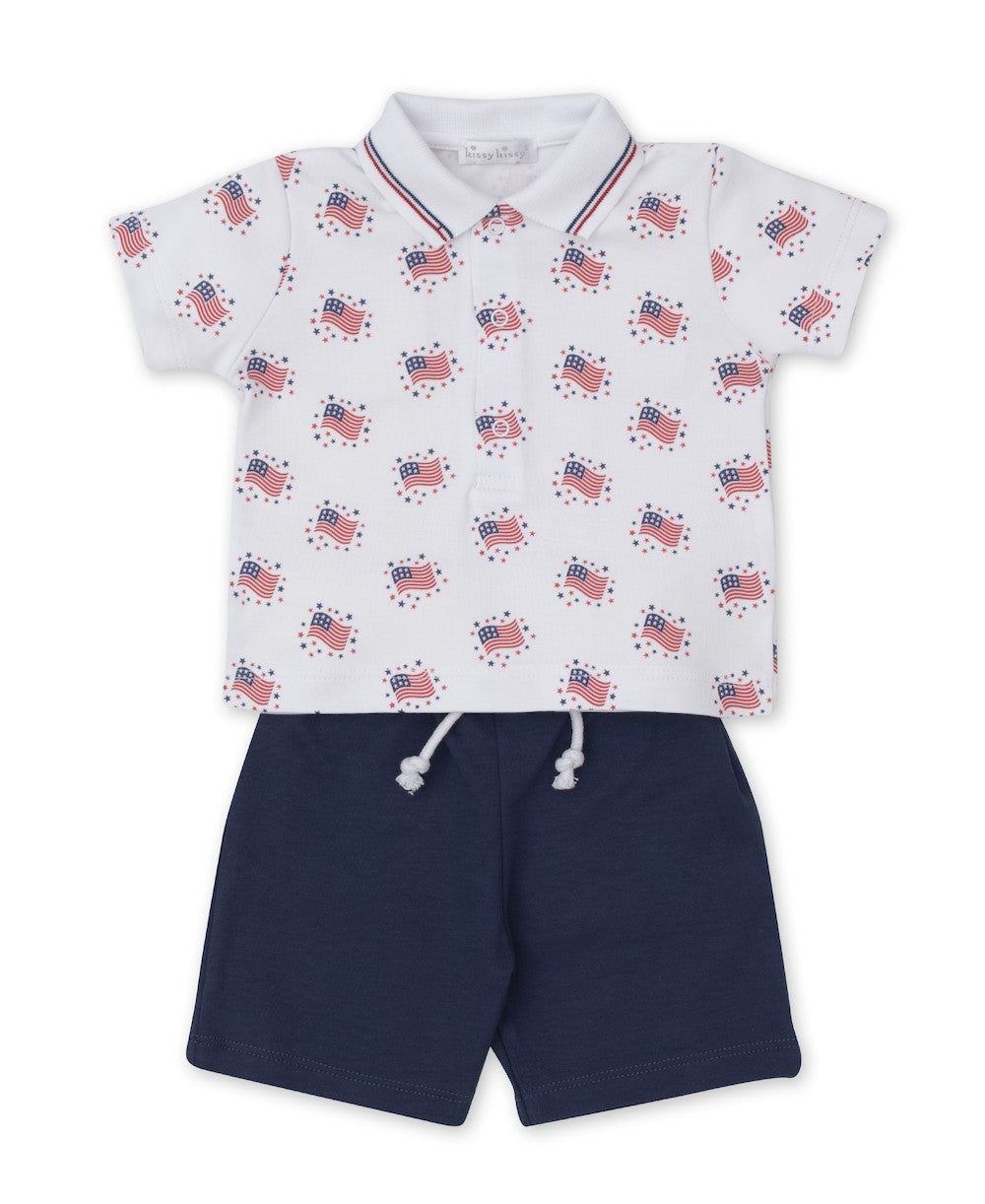 Kissy Kissy Boys Essence of America Patriotic Flags Polo Shirt with Navy Blue Shorts
