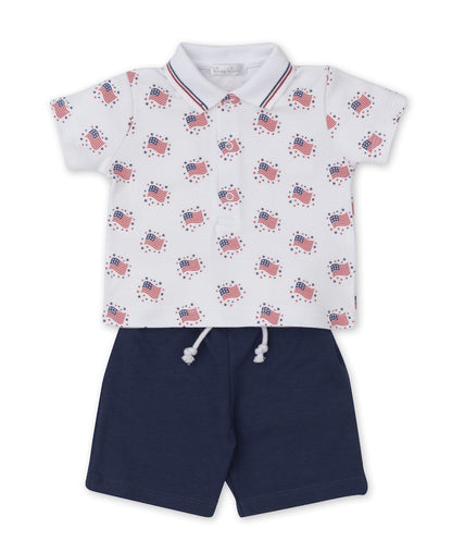 Kissy Kissy Boys Essence of America Patriotic Flags Polo Shirt with Navy Blue Shorts