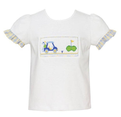 Anavini Girls Blue / Yellow Plaid Shorts with Smocked Golf Top
