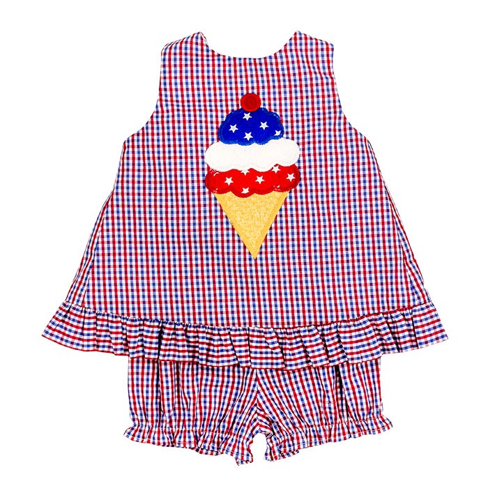 The Bailey Boys Baby / Toddler Girls Bloomer Set - Ice Cream Cone on Patriotic Plaid