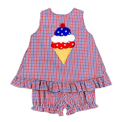 The Bailey Boys Baby / Toddler Girls Bloomer Set - Ice Cream Cone on Patriotic Plaid
