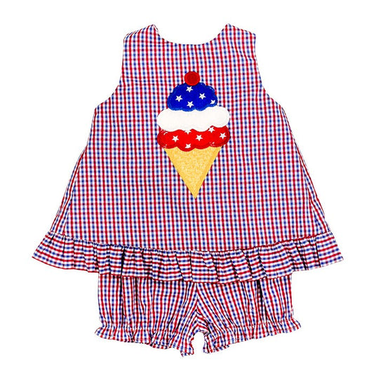 The Bailey Boys Baby / Toddler Girls Bloomer Set - Ice Cream Cone on Patriotic Plaid