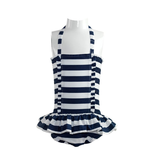 Rachel Riley London Girls Navy Blue Breton Stripe Ruched Swimsuit