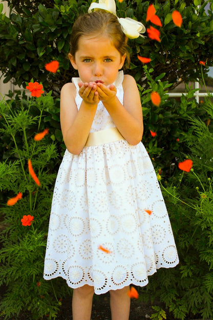 Susanne Lively Girls Sleeveless Ivory / White Eyelet Dress with Collar