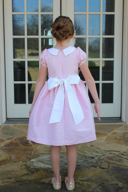 Susanne Lively Girls Party Dress - Pink Checks with Collar & Sash