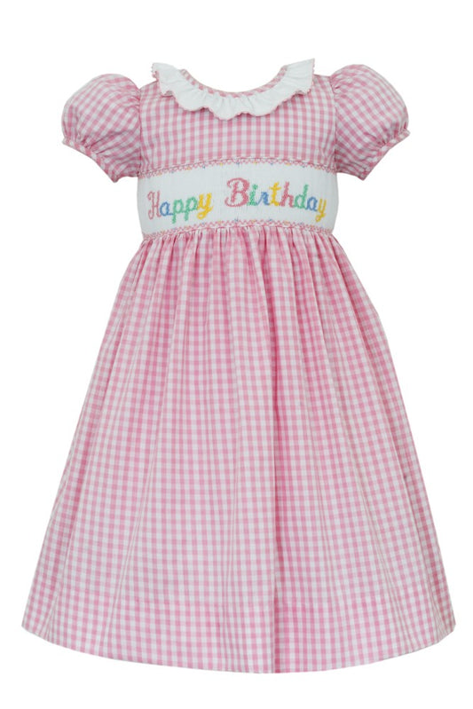 Anavini Baby Girls Pink GIngham Smocked Happy Birthday Dress - Ruffle Collar
