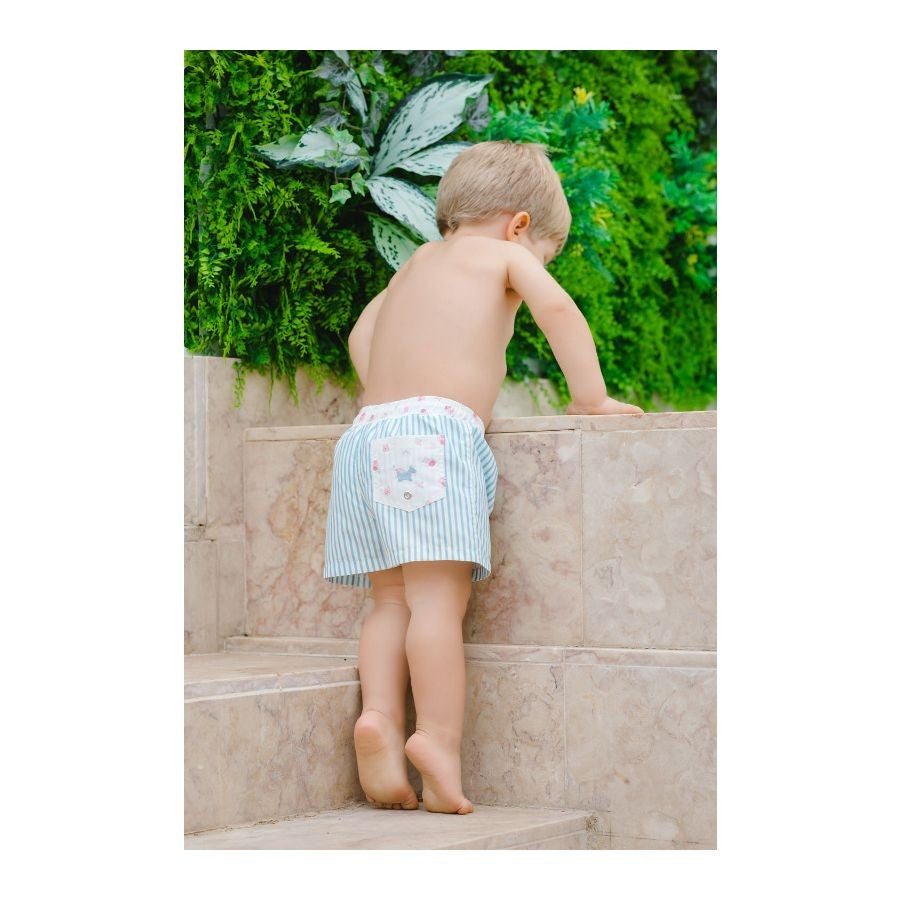 Sal & Pimenta Boys Swim Trunks - Blue Stripes - Sweetness Floral Trim & Pocket