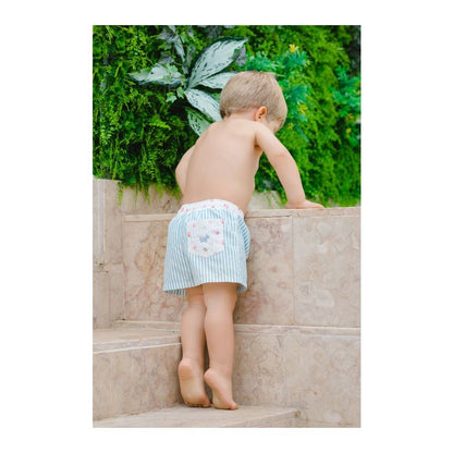 Sal & Pimenta Boys Swim Trunks - Blue Stripes - Sweetness Floral Trim & Pocket