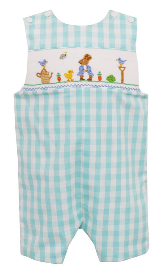 Anavini Baby / Toddler Boys Mint Check Smocked Peter Rabbit Jon Jon