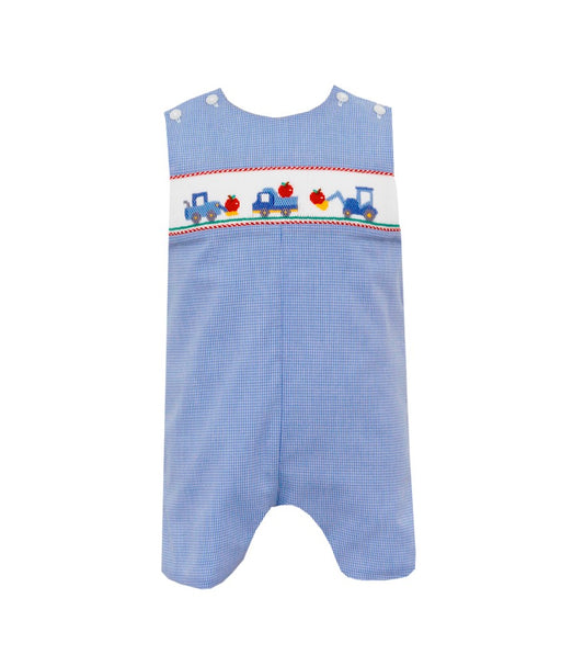 Petit Bebe Boys Blue Check Jon Jon - Smocked Apple Construction Trucks
