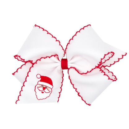 Wee Ones Girls Hair Bow - Embroidered Santa Face on White Bow