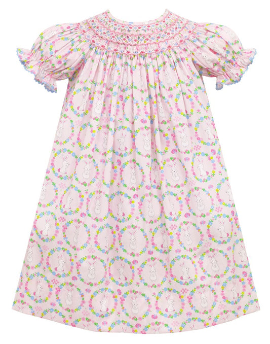 Anavini Couture Baby Girls Pink Bunnies Print Smocked Bishop Dress