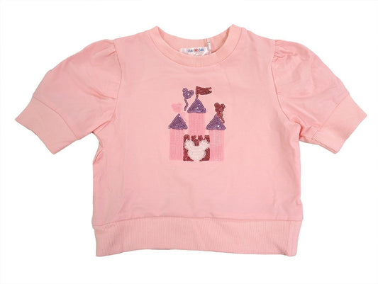 LuLu BeBe Girls Sequins Mouse Castle Puff Sleeve Top - Pink with Short Sleeves