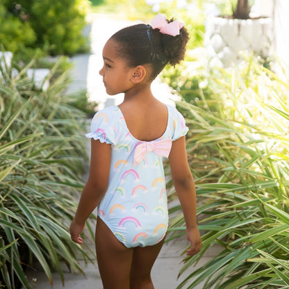 James & Lottie Girls Ramsey Swimsuit - Blue Rainbows - Puff Sleeves - Pink Bow on Back