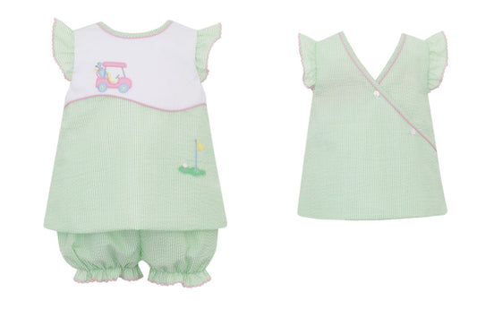 Claire & Charlie Girls Green Stripe Seersucker Bloomers Set - Golf Cart
