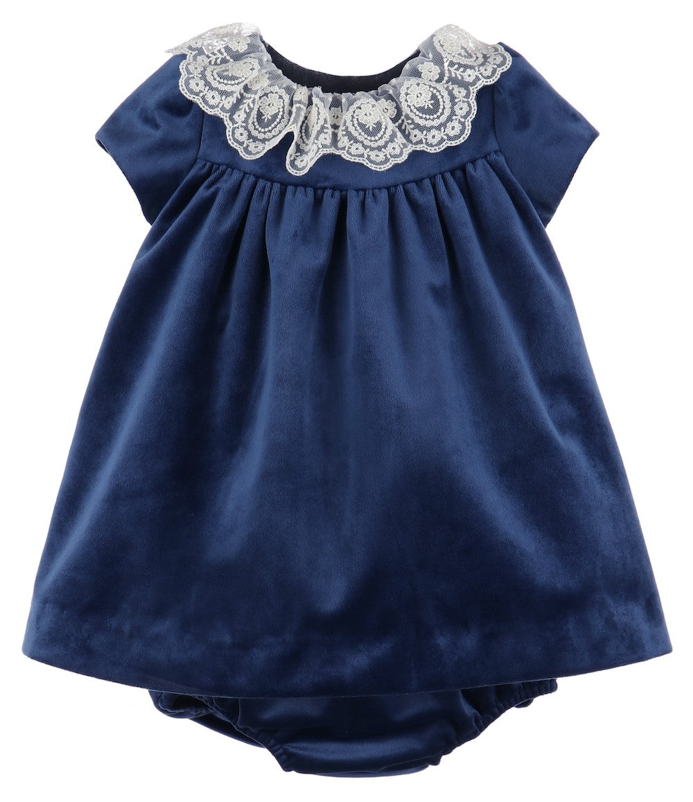 Luli & Me Girls Deluxe Velvet Float Dress - Lace Collar - Navy Blue