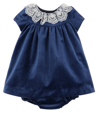 Luli & Me Girls Deluxe Velvet Float Dress - Lace Collar - Navy Blue