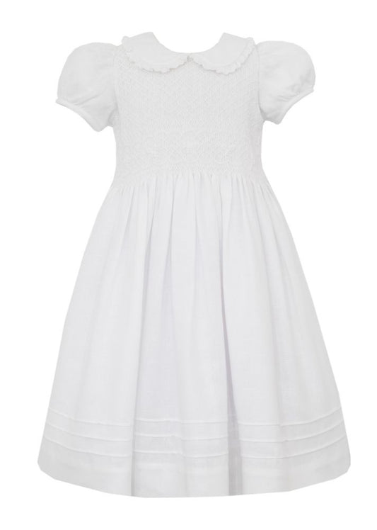 Anavini Couture Girls White Linen Smocked Dress - Fancy Collar
