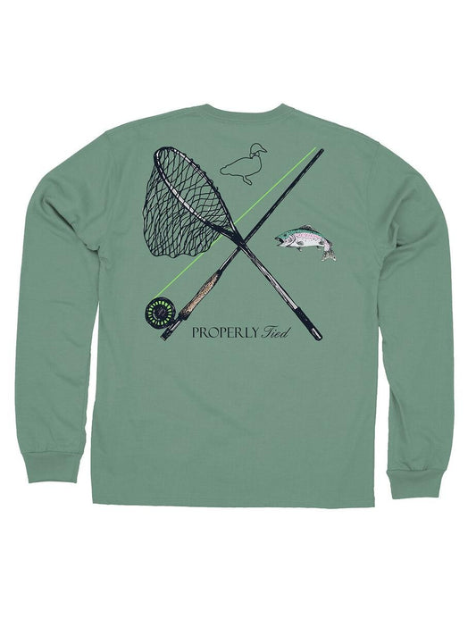 Properly Tied Tee Shirt - Logo Pocket on Front - Back Graphic - Ivy Green Trout Fishing