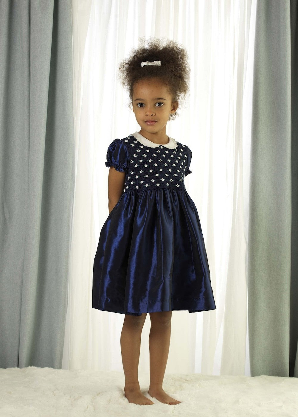 Rachel Riley London Girls Navy Blue Taffeta Smocked Dress
