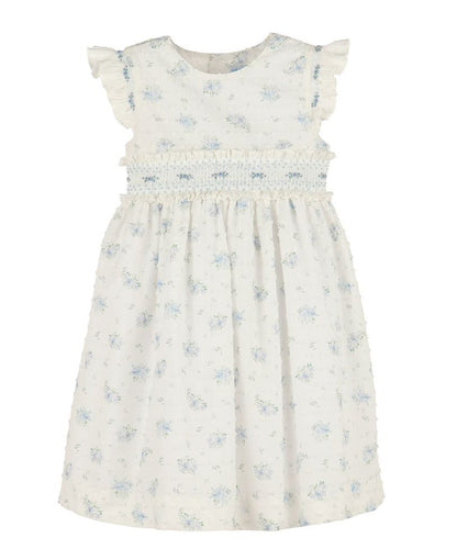 Luli & Me Girls Blue Swiss Floral Smocked Dress - Flutter Sleeves