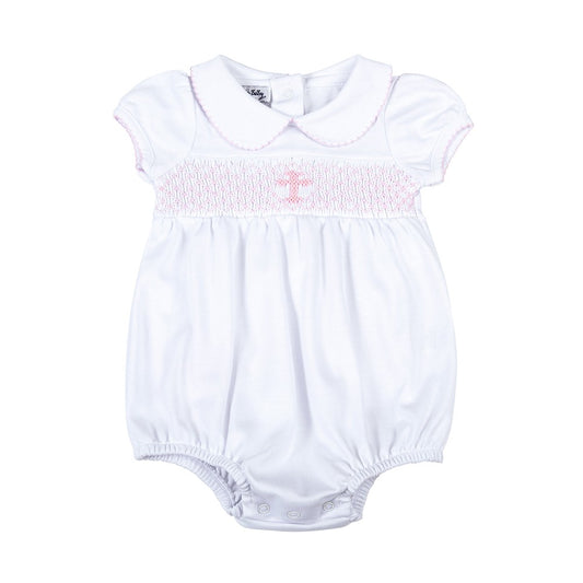 Magnolia Baby Girls Blessed Pink Smocked Cross Bubble