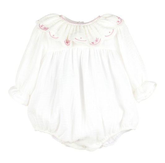 Sophie & Lucas Baby Girls Cuddle Cotton Bubble - Scallop Collar - Lavender Embroidery