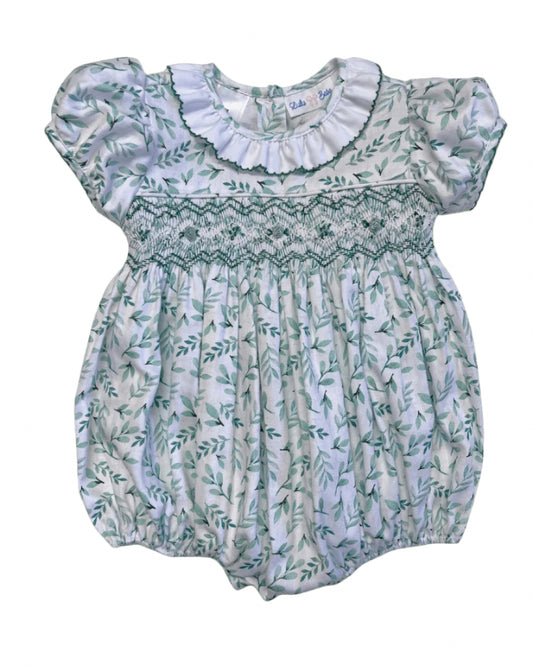 LuLu BeBe Baby Girls Green Holiday Floral Smocked Bubble - Ruffle Collar