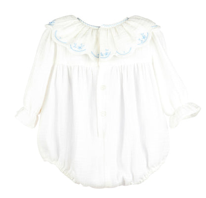 Sophie & Lucas Baby Girls Cuddle Cotton Bubble - Scallop Collar - Blue Embroidery