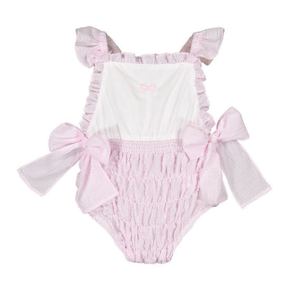 Sal & Pimenta Girls Pink Seersucker Frilled Swimsuit - Embroidered Bow & Bows at Hips