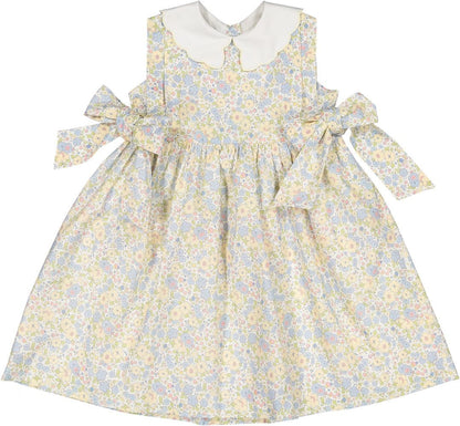 Sal & Pimenta Girls Dress - Blue & Yellow Cupcakes Floral - Scallop Collar & Side Bows
