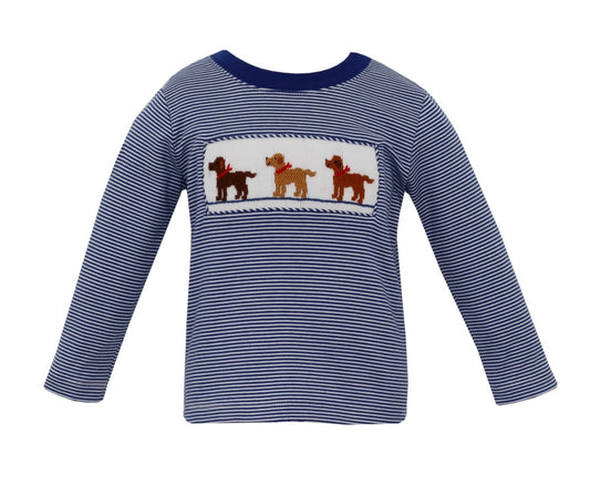 Anavini Velani Boys Navy Blue Striped Shirt - Smocked Labrador Dogs