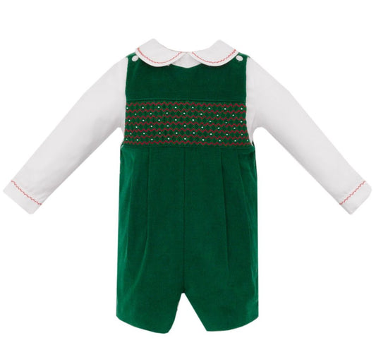 Anavini Couture Boys Green Corduroy Smocked Christmas Shortall with Shirt