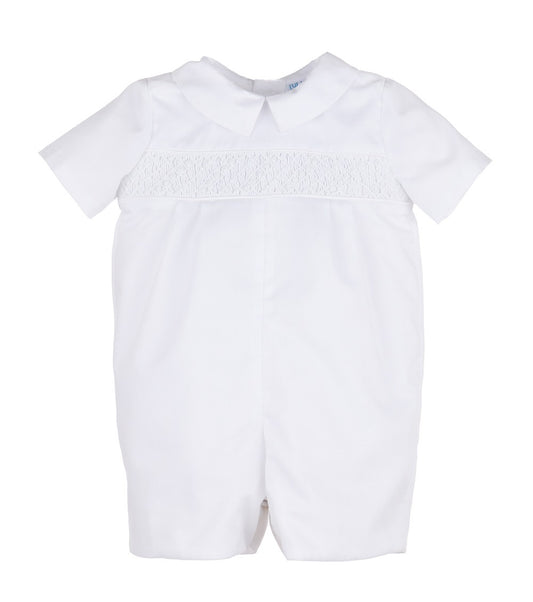 Luli & Me Baby Boys White Smocked Romper with Collar by Luli & Me