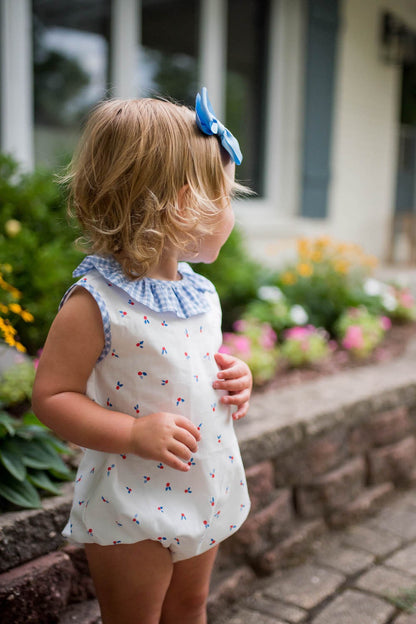 James & Lottie Girls Catherine Cherry Print Bubble - Blue Gingham Trim