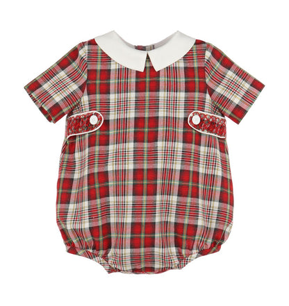 Luli & Me Baby Boys Bubble - Red Stewart Holiday Plaid - Smocked Tabs
