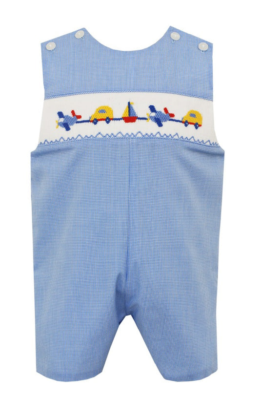 Petit Bebe Boys Blue Check Jon Jon - Smocked Transportation Theme by Petit Bebe